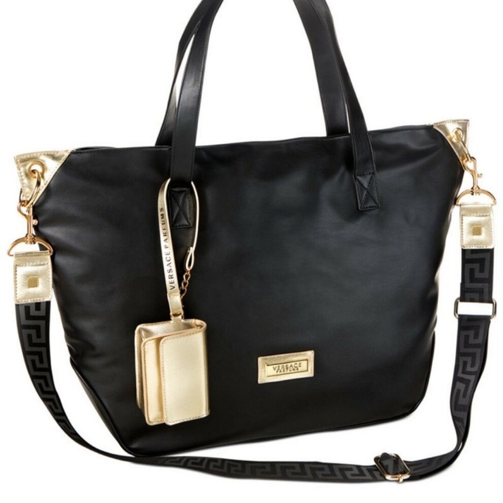 Rare Versace Perfums Holdall Weekender Black and Gold Tote Bag